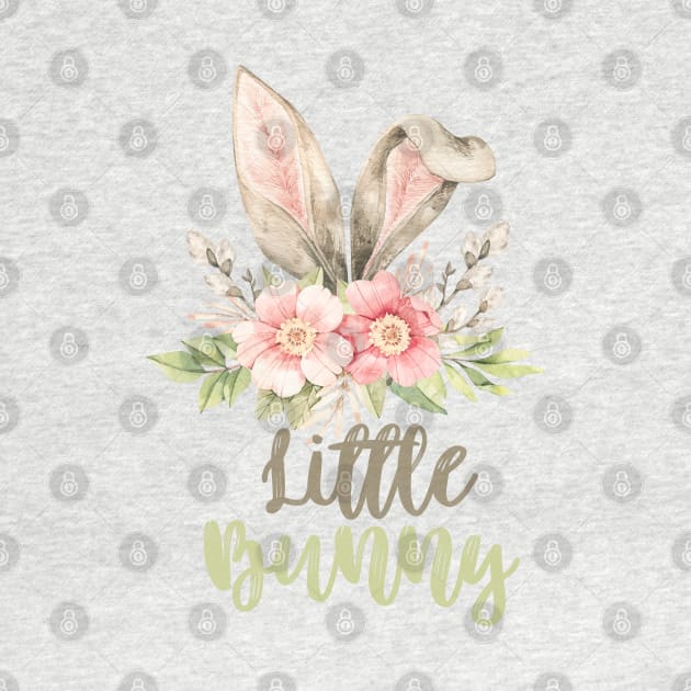 Little Bunny with Watercolor Grey Bunny Ears and Flowers by Patty Bee Shop